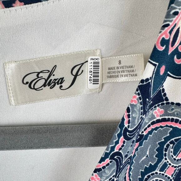 Eliza J Dress Size 8 Multicolor Paisley Print Stretch Knit Fit Flare 3/4 Sleeve - Picture 3 of 12